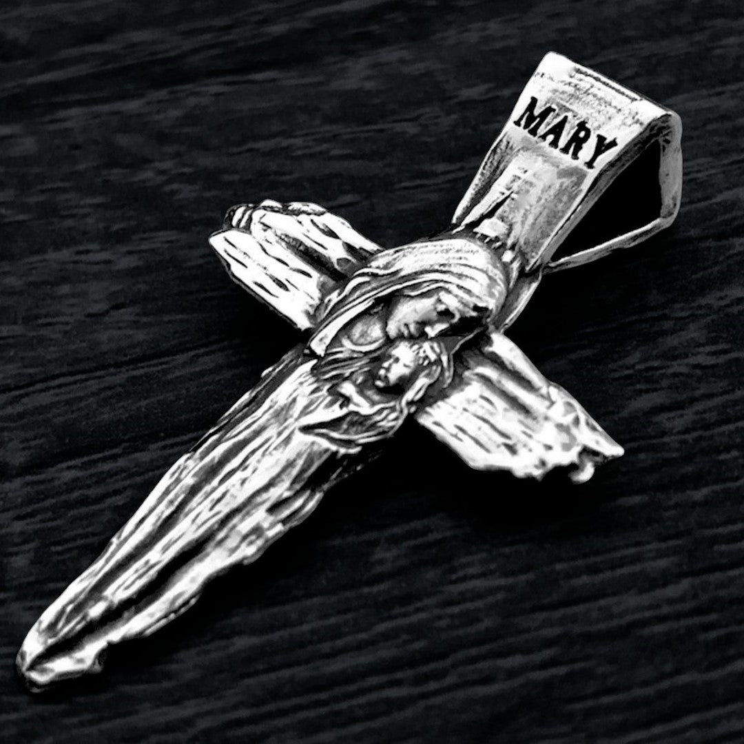 Сребърен кръст 925 с Дева Мария и Младенеца | Ръчно изработен медальон талисман | Християнско бижу за вяра и закрила | Арт Дива