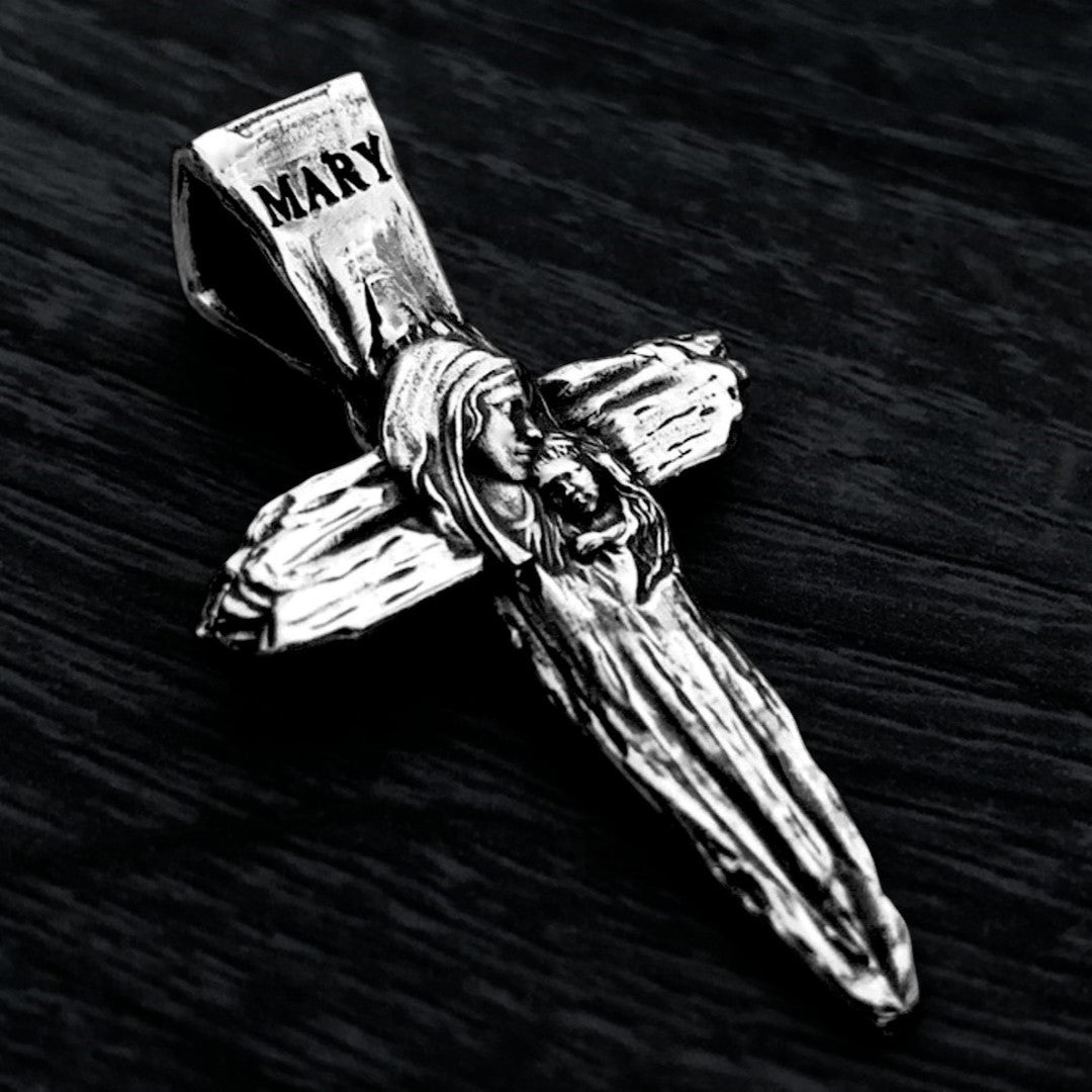 Сребърен кръст 925 с Дева Мария и Младенеца | Ръчно изработен медальон талисман | Християнско бижу за вяра и закрила | Арт Дива