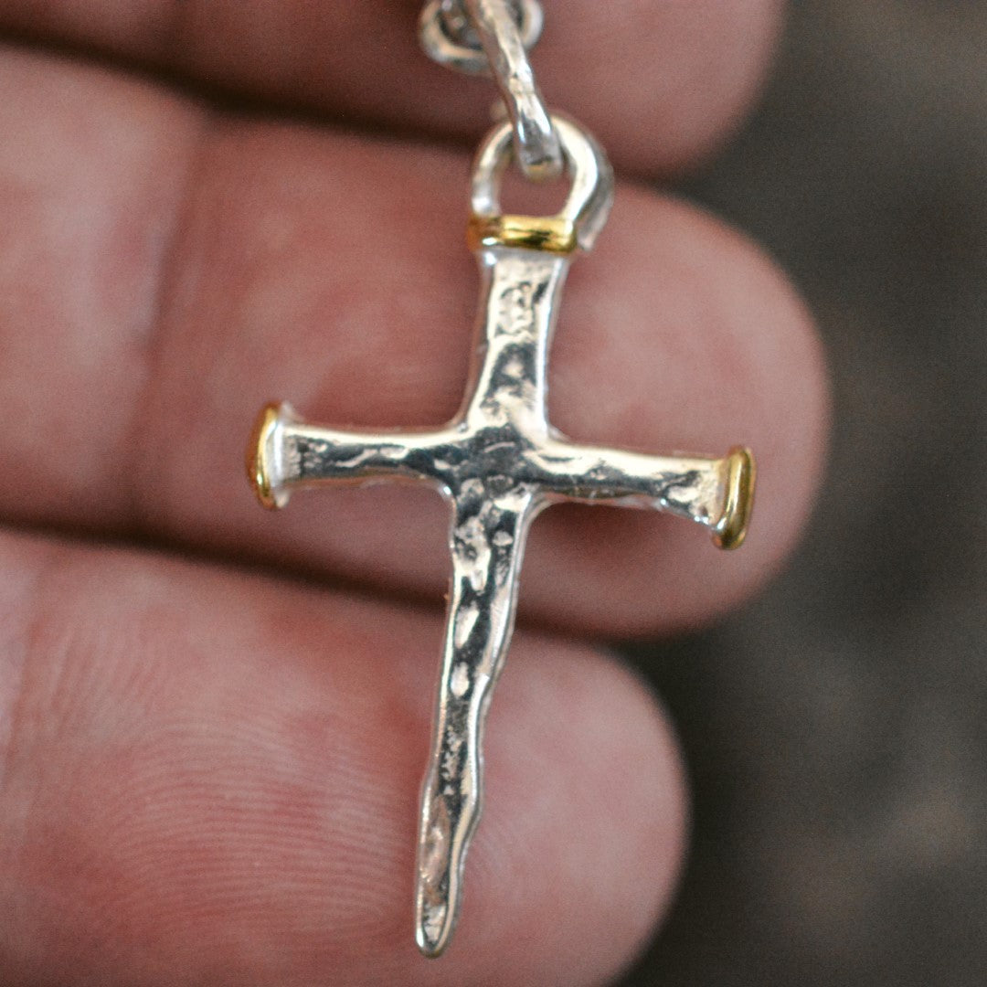 Сребърен Рюстик Кръст от Пирони със Златни Акценти | Висулка за Вяра и Сила | Ръчна Изработка от Art Diva