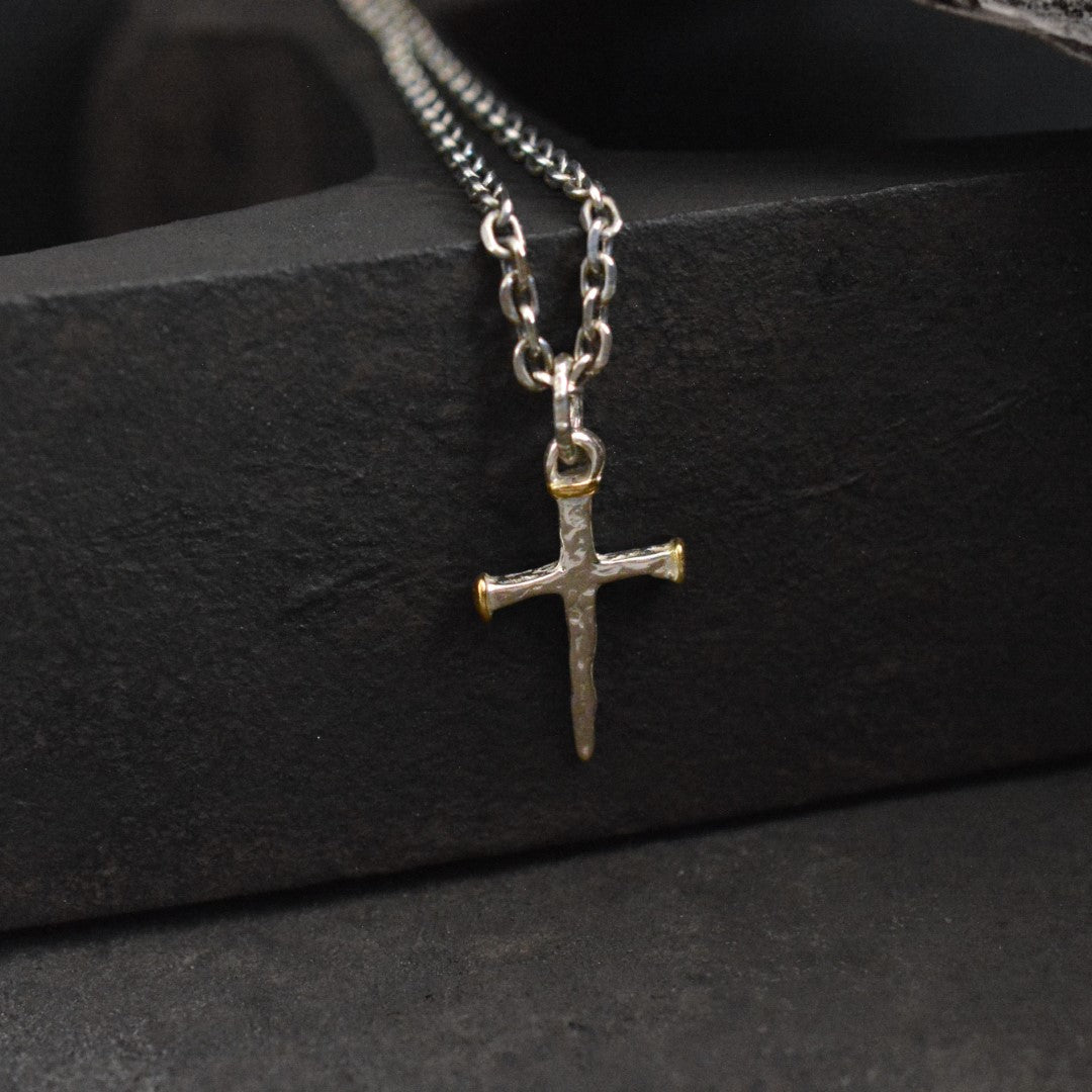 Сребърен Рюстик Кръст от Пирони със Златни Акценти | Висулка за Вяра и Сила | Ръчна Изработка от Art Diva