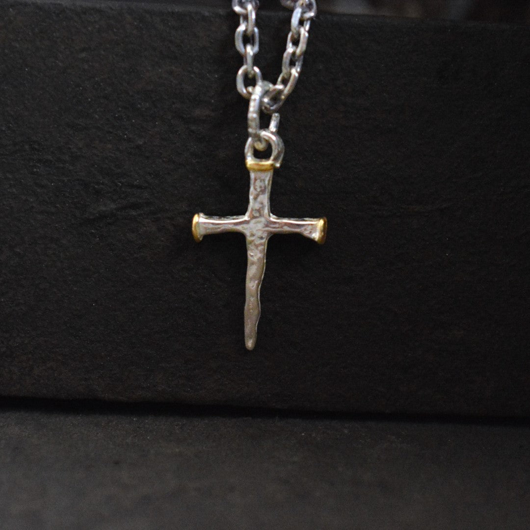 Сребърен Рюстик Кръст от Пирони със Златни Акценти | Висулка за Вяра и Сила | Ръчна Изработка от Art Diva