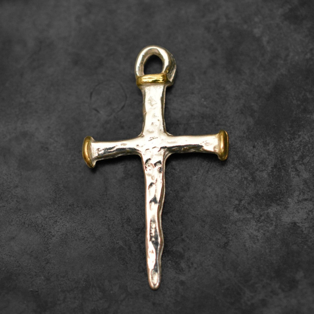 Сребърен Рюстик Кръст от Пирони със Златни Акценти | Висулка за Вяра и Сила | Ръчна Изработка от Art Diva