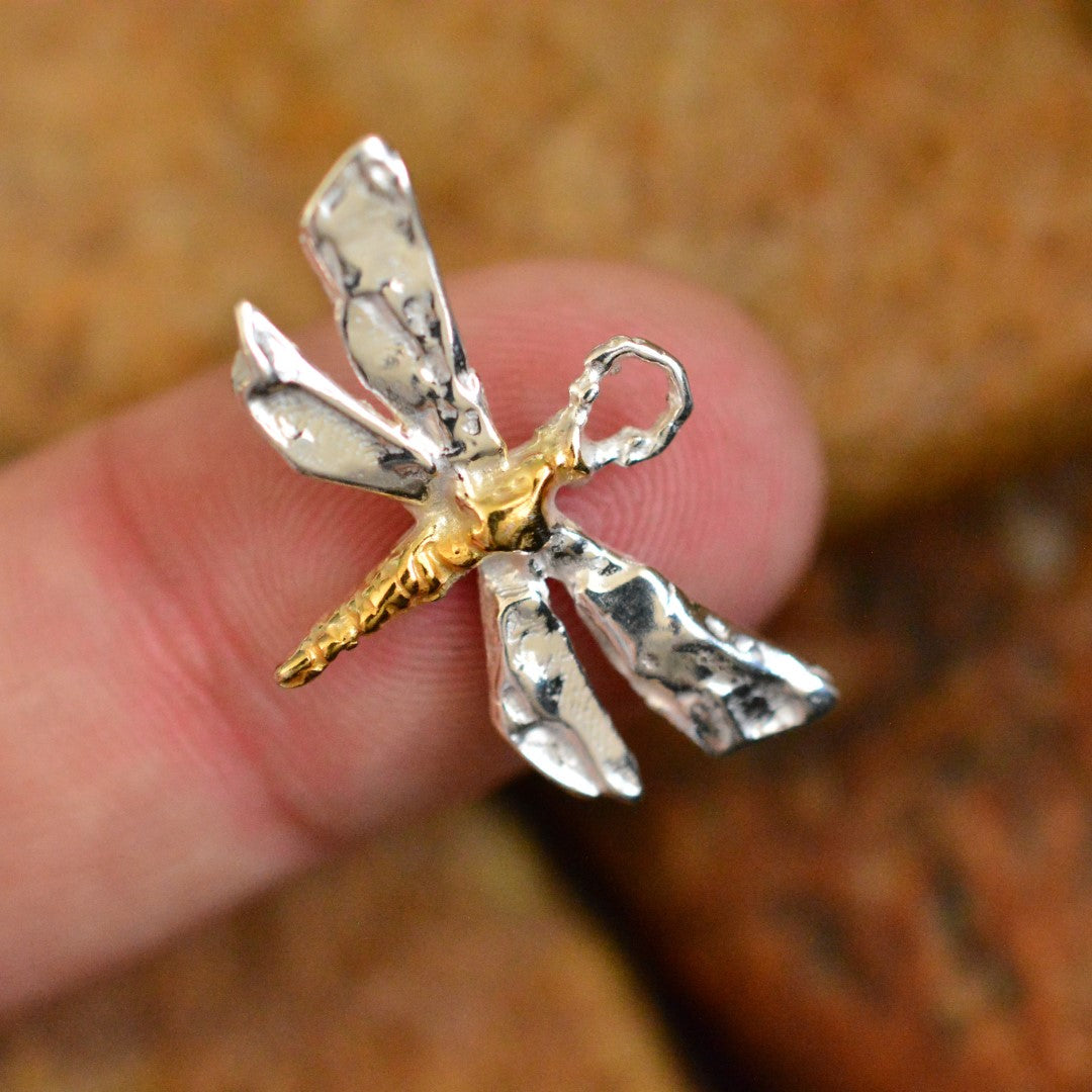 Сребърен медальон 925 водно конче със златни акценти – талисман за промяна и духовно израстване, скулптурни бижута, бохо стил, ръчна изработка, подходящ подарък за майка, дъщеря или приятелка | Арт Дива