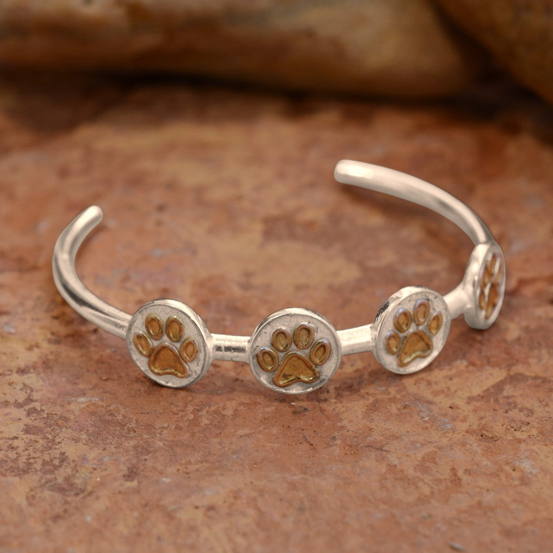 Сребърна гривна 925 с лапички и златни акценти | Регулируема бохо рустик гривна, ръчна изработка | Арт Дива