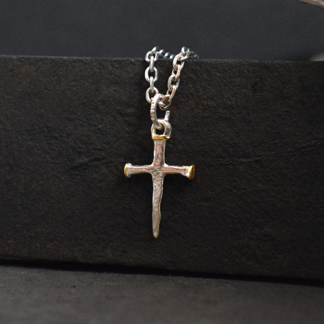 Сребърен Рюстик Кръст от Пирони със Златни Акценти | Висулка за Вяра и Сила | Ръчна Изработка от Art Diva